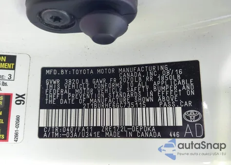 2016 Toyota Corolla L z USA, uszkodzony, nr VIN 2T1BURHE6GC735115